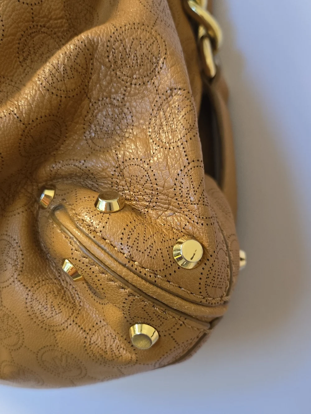 EUC Michael Kors Tan Logo-Embossed Hobo with Gold Studs